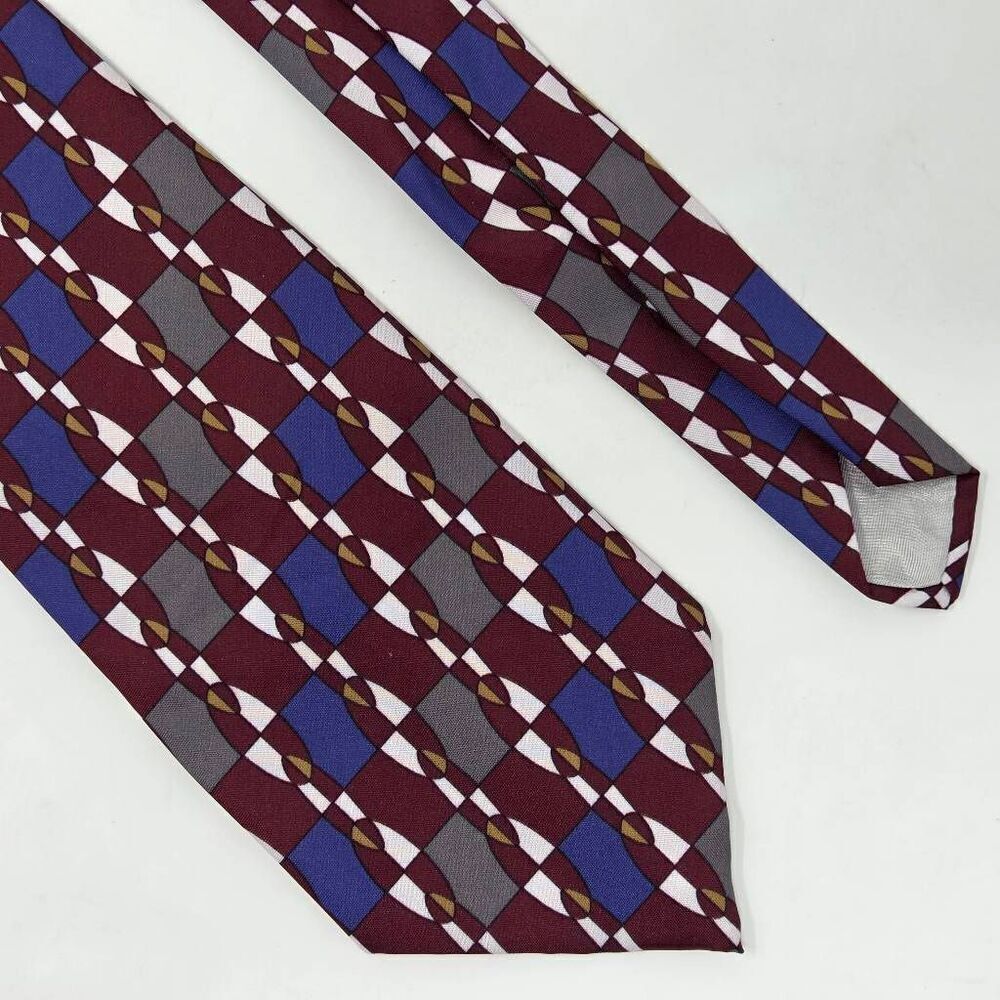 DIMARO ELEGANTE POLYESTER TIE BURGUNDY BLUE GRAY GEOMETRIC 3.75" X 55" RETRO USA